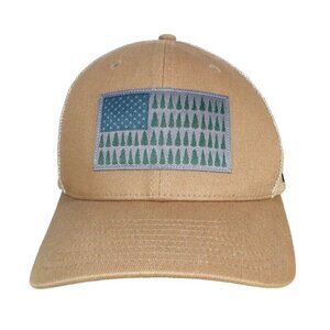 COLUMBIA light brown, tan Flexfit baseball hat, cap with flag & trees S/M 22-23"